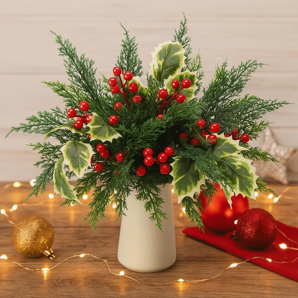 3899 70 Pcs Christmas Artificial Flowers Pine Branches with Red Berry Stems